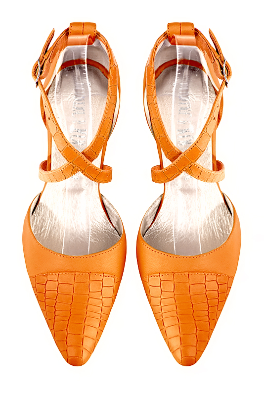 Apricot orange women's open side shoes, with crossed straps. Tapered toe. Medium spool heels. Top view - Florence KOOIJMAN